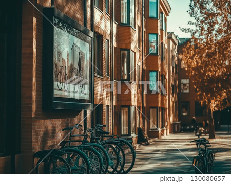 Vertical digital billboard near bike rack in urban Swedish apartment setting 130080657