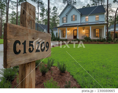 Modern farmhouse sign stands in front of welcoming home with lush lawn and trees at dusk 130080665