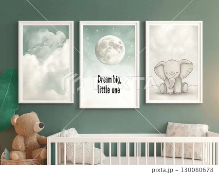 Nursery wall art featuring clouds, a moon, and an elephant with motivational text for kids 130080678