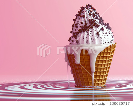 Sweet ice cream cone topped with chocolate crumbs on a vibrant pink background 130080717