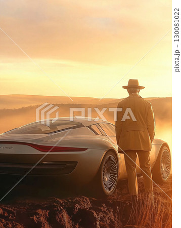 Man in suit admires futuristic car during sunset in a scenic landscape 130081022