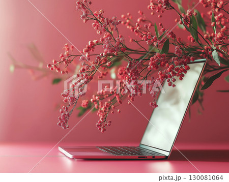 Beautiful arrangement of flowers beside an open laptop on a pink background in a cozy workspace 130081064