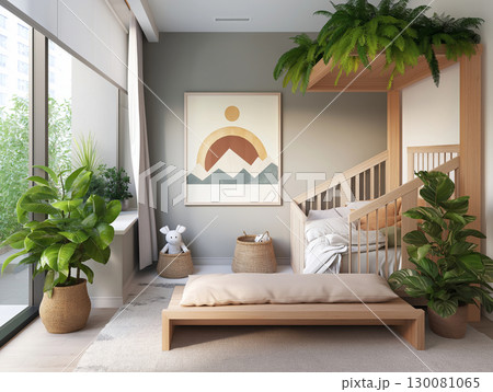 Cozy modern living space with indoor plants and unique sleeping area in urban setting 130081065