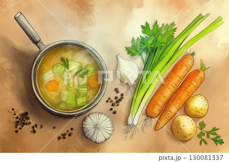Rustic watercolor illustration of a soup pot with fresh vegetables on kraft paper 130081337