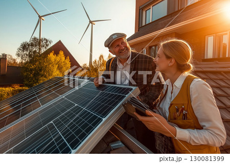 Close-up view of solar panels and wind turbines with people engaged in renewable energy discussion Close-up view of solar panels and wind turbines with people engaged in renewable energy discussion 130081399