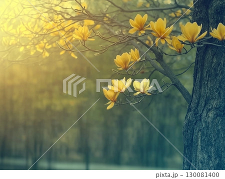 Blooming magnolia tree displays soft pastel colors in early spring sunlight Blooming magnolia tree displays soft pastel colors in early spring sunlight 130081400