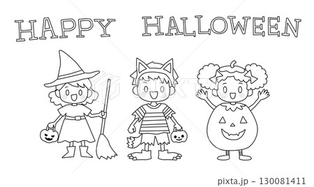 ハロウィンの仮装をした子供たち 線画 130081411