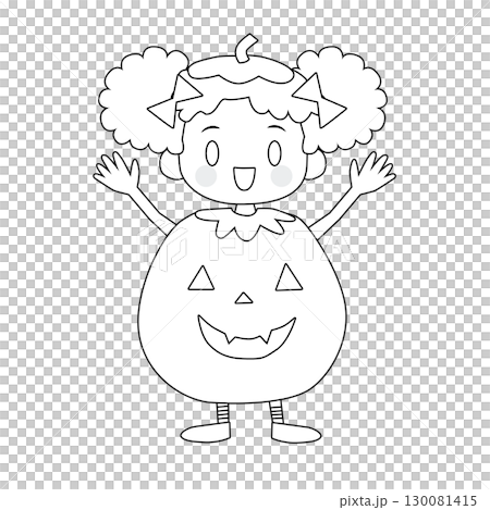 かぼちゃの仮装をする女の子　線画　イラスト 130081415