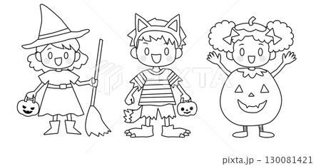 ハロウィンの仮装をした子供たち 線画 ハロウィンの仮装をした子供たち 線画 130081421