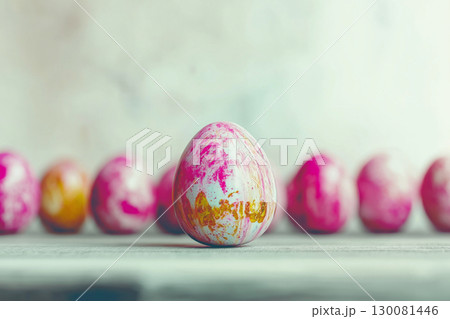 Colorful glitter Easter eggs displayed on a concrete table with a blurred cinematic effect Colorful glitter Easter eggs displayed on a concrete table with a blurred cinematic effect 130081446