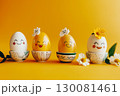 Colorful eggs in festive egg cups celebrate springtime with joy and creativity 130081461