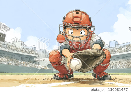 野球 キャッチャーが構えてボールを受けるシーン 130081477