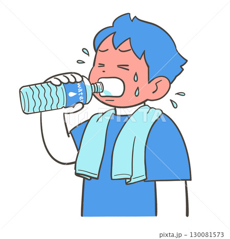 水筒から勢いよく水を飲む男の子 130081573