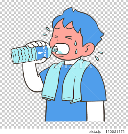 水筒から勢いよく水を飲む男の子 130081573