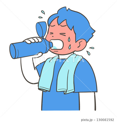 水筒から勢いよく水を飲む男の子 130081592