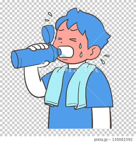 A boy drinking water from a water bottle 130081592