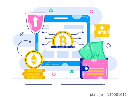 Cryptocurrency Wallets Trading Illustration featuring a Pile of Coins, Digital Currency Wallet, Blockchain Technology, and Bitcoin in a Background 130081611