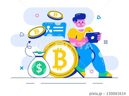 Cryptocurrency Wallets Trading Illustration featuring a Pile of Coins, Digital Currency Wallet, Blockchain Technology, and Bitcoin in a Background 130081614