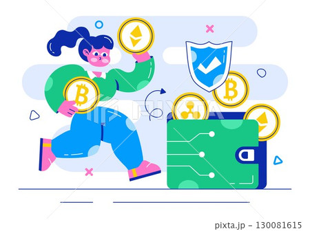Cryptocurrency Wallets Trading Illustration featuring a Pile of Coins, Digital Currency Wallet, Blockchain Technology, and Bitcoin in a Background 130081615