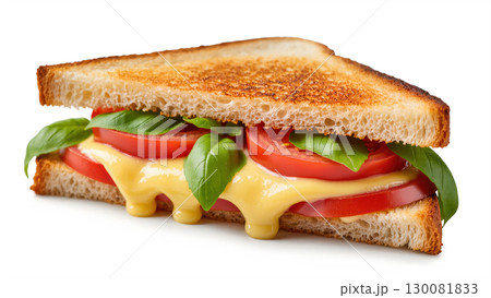 Grilled sandwich with melted cheese, fresh tomato slices and basil leaves isolated on white background. Vegetarian snack. 130081833