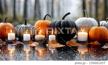 Halloween pumpkins and candles with autumn leaves on reflective surface in spooky forest background. Festive fall still life. 130081837