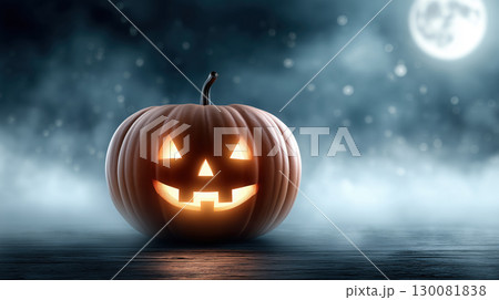 Halloween jack-o'-lantern glowing on wooden floor in moonlit foggy night. Spooky holiday atmosphere. 130081838