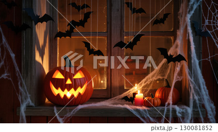 Halloween window with glowing jack-o'-lantern, candles, bats and spider webs as spooky holiday decoration. 130081852