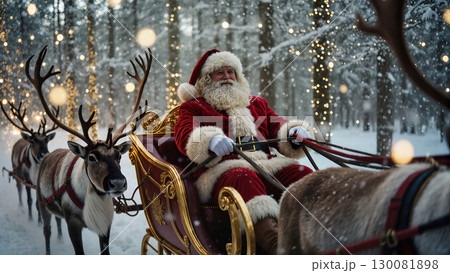 Christmas Santa Claus riding sleigh with reindeer in snowy forest decorated with glowing lights 130081898