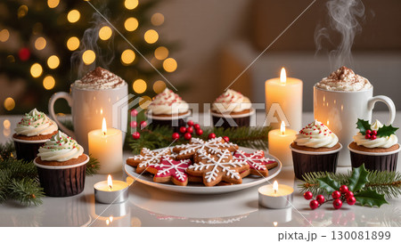 Christmas cupcakes, cookies and hot cocoa with whipped cream surrounded by candles and festive decorations 130081899