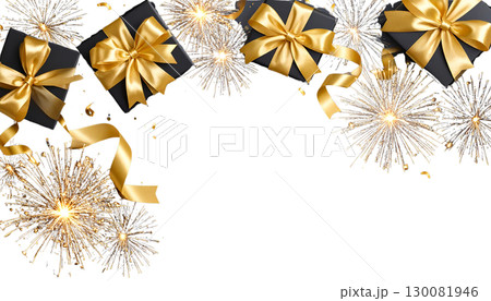 Glittering golden gift box decorated with golden bow and ribbon on white background. 130081946