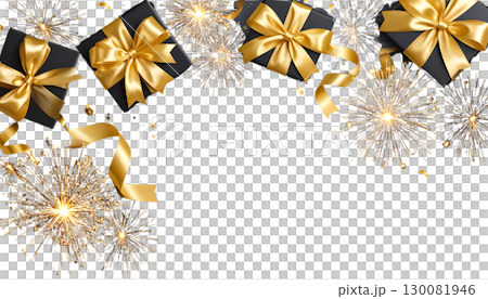 Glittering golden gift box decorated with golden bow and ribbon on white background. 130081946