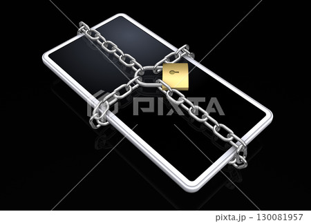 スマートフォンに鎖と南京錠で鍵をかける、盗難対策イメージ 130081957