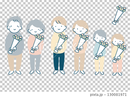 Illustration set of smiling people holding bouquets 130081971