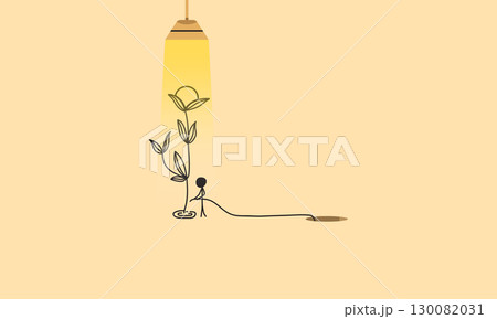 Minimalist Stick Figure Watering a Growing Plant Under Lamp Light. Symbolizing Hope, Growth and Nurturing Minimalist Stick Figure Watering a Growing Plant Under Lamp Light. Symbolizing Hope, Growth and Nurturing 130082031