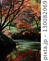 小さな池を覆うカエデの紅葉 130082069