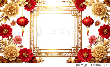 Golden Chinese New Year lanterns and ornaments decorate a festive red card frame isolated on white background. Golden Chinese New Year lanterns and ornaments decorate a festive red card frame isolated on white background. 130082073