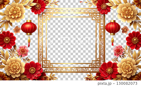 Golden Chinese New Year lanterns and ornaments decorate a festive red card frame isolated on white background. Golden Chinese New Year lanterns and ornaments decorate a festive red card frame isolated on white background. 130082073