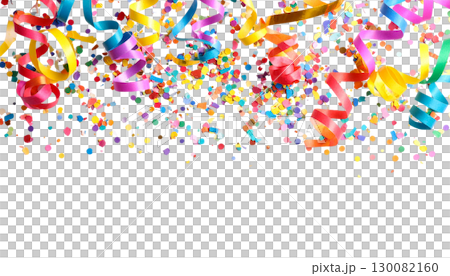 Illustration of colorful ribbons and confetti on white background. 130082160