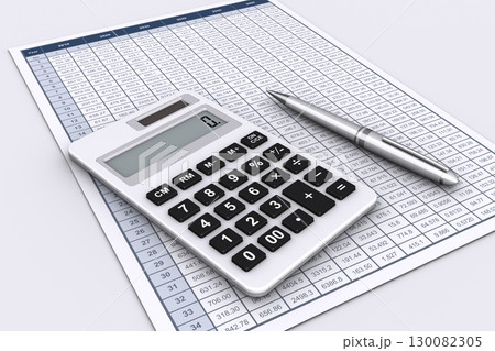 ビジネスデータを記載した書類と電卓とボールペン 130082305