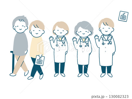 杖をつく患者と手を振るお医者さんのイラストセット 130082323