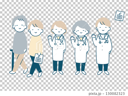 Illustration set of a patient with a cane and a doctor waving 130082323