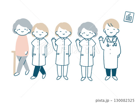 患者と手を振る看護師とお医者さんのイラストセット 患者と手を振る看護師とお医者さんのイラストセット 130082325