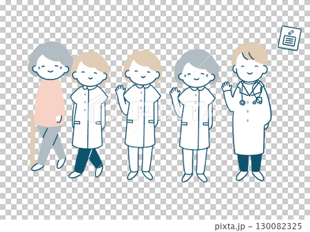 患者と手を振る看護師とお医者さんのイラストセット 患者と手を振る看護師とお医者さんのイラストセット 130082325