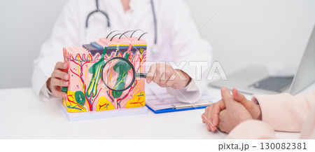 woman Patient consultation Dermatologist with anatomy of skin and hair. Skin disease and Hair loss, Systemic Lupus Erythematosus or SLE, world lupus day, May Melanoma and Skin Cancer Awareness month woman Patient consultation Dermatologist with anatomy of skin and hair. Skin disease and Hair loss, Systemic Lupus Erythematosus or SLE, world lupus day, May Melanoma and Skin Cancer Awareness month 130082381