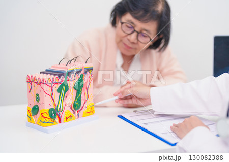 woman Patient consultation Dermatologist with anatomy of skin and hair. Skin disease and Hair loss, Systemic Lupus Erythematosus or SLE, world lupus day, May Melanoma and Skin Cancer Awareness month 130082388