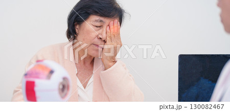 Elderly Patient consulting Doctor to Eye disease, Senior Medical Diagnosis. Anatomy Eye model for Cataract, Glaucoma, Age Related Macular Degeneration, Diabetic Retinopathy, Vitreous, health concept 130082467