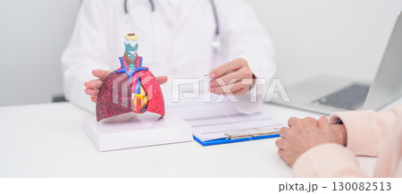 Doctor with Respiratory system. Elderly Patient consultation medical health for Lung Cancer, Asthma, Chronic Obstructive Pulmonary, Bronchitis, Emphysema, Cystic Fibrosis, Bronchiectasis, Pneumonia 130082513