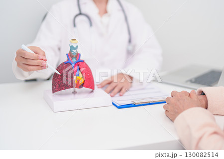 Doctor with Respiratory system. Elderly Patient consultation medical health for Lung Cancer, Asthma, Chronic Obstructive Pulmonary, Bronchitis, Emphysema, Cystic Fibrosis, Bronchiectasis, Pneumonia Doctor with Respiratory system. Elderly Patient consultation medical health for Lung Cancer, Asthma, Chronic Obstructive Pulmonary, Bronchitis, Emphysema, Cystic Fibrosis, Bronchiectasis, Pneumonia 130082514