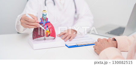 Doctor point heart Cardiovascular and Respiratory anatomy for Disease. Lung Cancer, Asthma, Chronic Obstructive Pulmonary or COPD, Bronchitis, Emphysema, Cystic Fibrosis, Bronchiectasis, Pneumonia Doctor point heart Cardiovascular and Respiratory anatomy for Disease. Lung Cancer, Asthma, Chronic Obstructive Pulmonary or COPD, Bronchitis, Emphysema, Cystic Fibrosis, Bronchiectasis, Pneumonia 130082515
