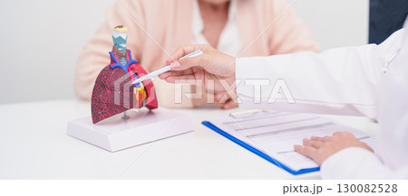 Doctor with Respiratory system. Elderly Patient consultation medical health for Lung Cancer, Asthma, Chronic Obstructive Pulmonary, Bronchitis, Emphysema, Cystic Fibrosis, Bronchiectasis, Pneumonia 130082528